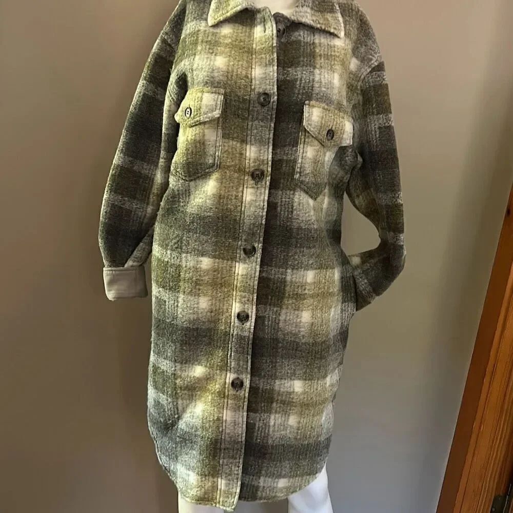 Joie Long Fleece Green Plaid Coat Dress with Pockets Medium